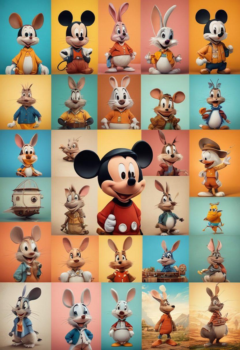 A vibrant collage depicting the evolution of animation, featuring iconic classic cartoon characters like Mickey Mouse and Bugs Bunny on one side, transitioning into modern whimsical adventure characters like those from Studio Ghibli and Pixar on the other. Include elements like a retro film reel morphing into a digital animation screen, with a colorful background that fades from sepia tones to bright pastels. Imagery should evoke nostalgia and creativity, showcasing different animation styles and techniques throughout the years. super-realistic. vibrant colors. dynamic composition.