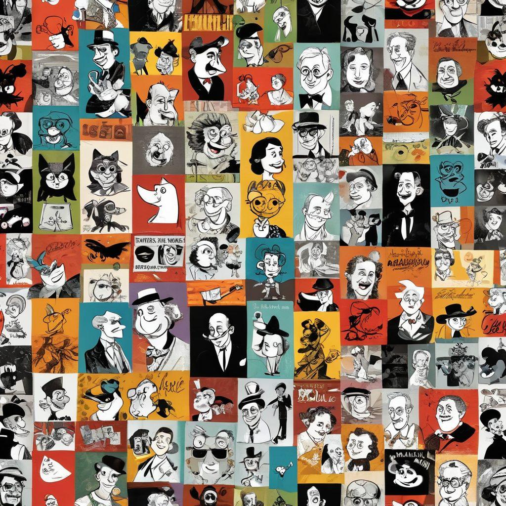 A whimsical collage depicting the evolution of animated comedy through the decades, featuring iconic cartoon characters from the 1920s to the present day in various playful poses. Integrate elements like vintage film reels, classic animation sketches, and modern digital screens showcasing humor. Include colorful backgrounds that reflect different art styles from each era, creating a vibrant timeline of laughter. cartoonish. vibrant colors. dynamic composition.