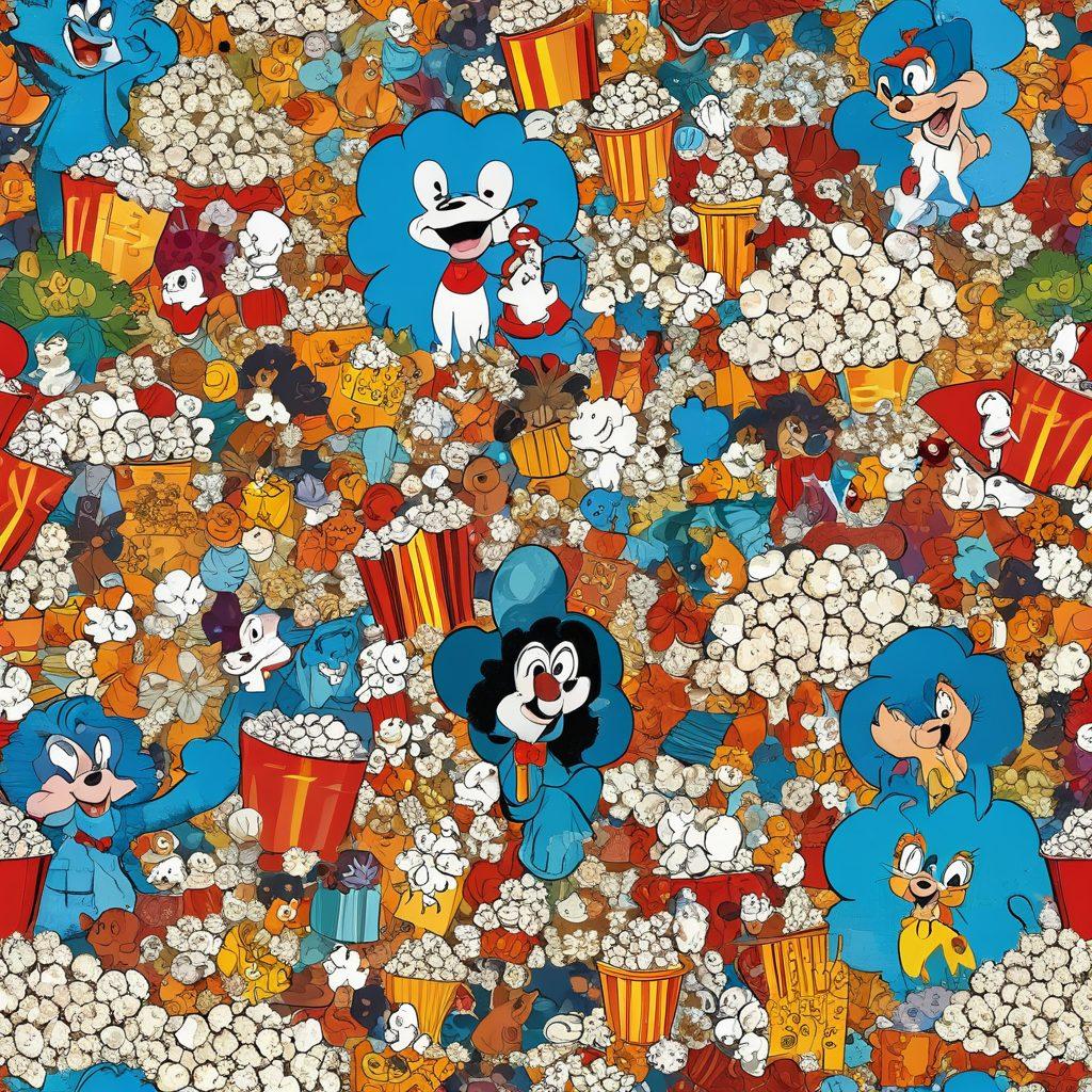 A vibrant and colorful collage showcasing the evolution of family-friendly animation through the decades. Include iconic characters from different eras, such as classic Disney, modern CGI, and hand-drawn styles, merging seamlessly. Feature a happy family gathered around a screen, immersed in animated films, surrounded by nostalgic elements like popcorn and vintage toys. The background should have playful swirls of color to evoke a sense of joy and creativity. super-realistic. vivid colors. dynamic composition.